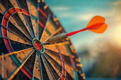 Red Arrow Precision: Target Achievement in Dart Game with Blue Sky Background Generative AI