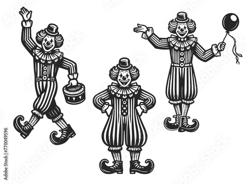 circus clown set with an inviting gesture, comedic expression sketch engraving generative ai fictional character vector illustration. Scratch board imitation. Black and white image.