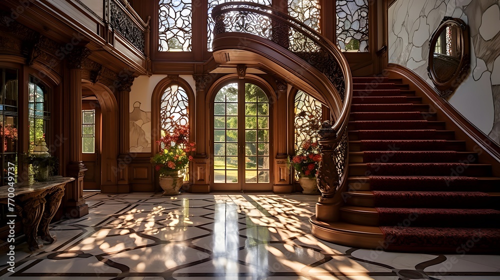 Luxury interior of an old house with a beautiful staircase.