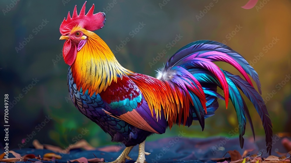 A rooster with colorful skin in rainbow colors
