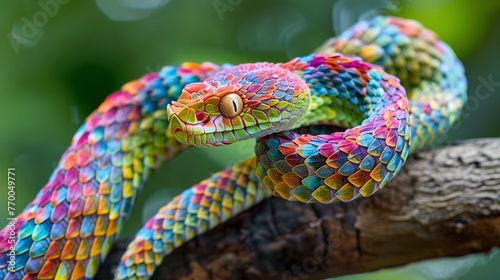 A snake with colorful skin in rainbow colors