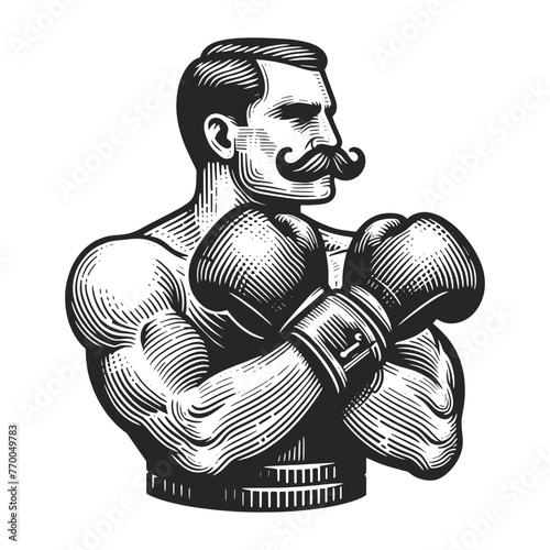 Old fashioned Vintage Boxer with Gloves gentleman man classic mustache sketch engraving generative ai fictional character vector illustration. Scratch board imitation. Black and white image.