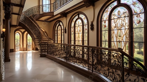 Interior of a beautiful building with arched windows and wooden stairs