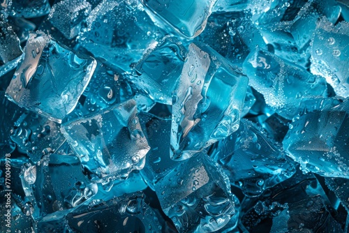Close-up of Aquamarine Background Texture with Cracked Blue Ice Glass Fragments Generative AI