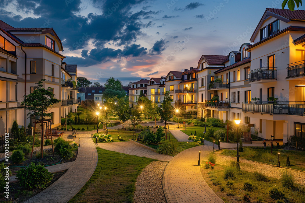 Enchanting evening view of European apartment complex, ambient outdoor lighting creates warm, inviting atmosphere. Enchanting evening view of European apartment complex, ambient outdoor lighting creates warm, inviting atmosphere.