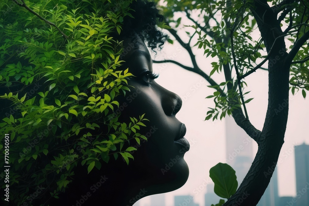 Une femme urbaine avec des feuilles vertes dans les cheveux et un paysage urbain en arrière-plan., envie de retour à la nature 