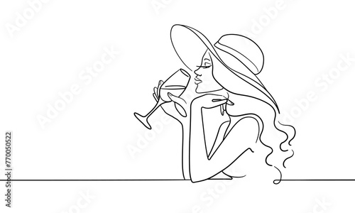 Elegant girl drinks wine or champagne from a glass  continuous line art drawing isolated on white background. Girl in a hat enjoying a drink line art drawing. Vector illustration