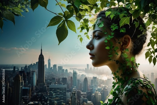 Une femme urbaine avec des feuilles vertes dans les cheveux et un paysage urbain en arrière-plan., envie de retour à la nature  photo