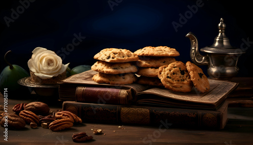cookies with raisins. nuts and a book on a wooden table
