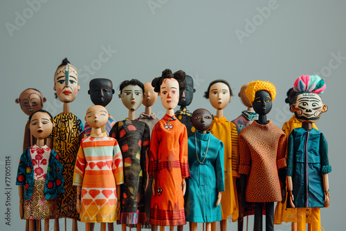 Global People diversity concept art shows in colorful puppet figures in gray background, Multi ethical puppet figures standing in a row, Traditional handmade cute wooden puppets in fancy costumes