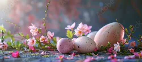 Easter wishes with a festive backdrop featuring eggs and flowers.