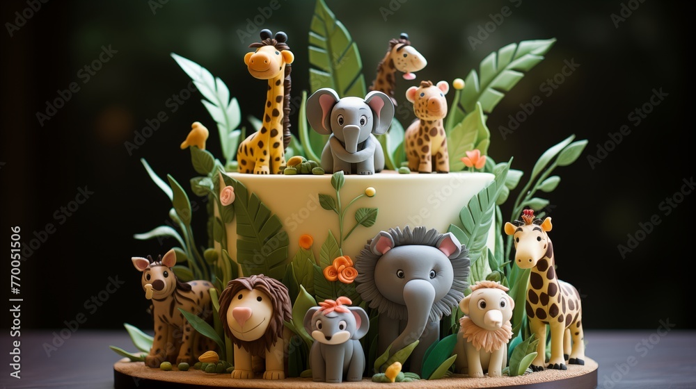 Zoo animal cake with different fondant animals on top.