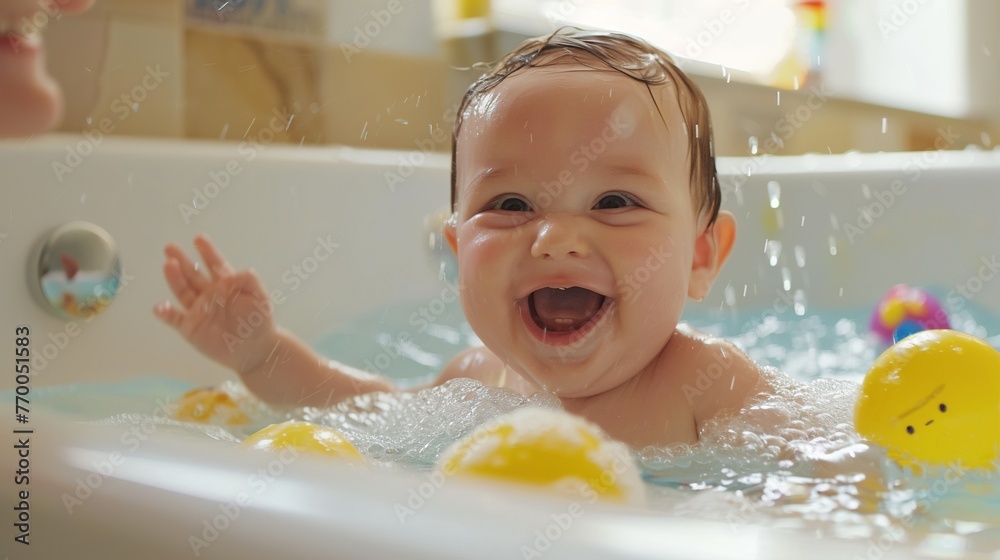 Baby Child Laughing in Bath Tub. Happy, Smile, Laugh, Play, Funny, Bubble, Bathe, Children, Child, Bathtub, Water, Foam, Joy, Soap, Shower, Hygiene, Wet, Clean, Toddler, Bathing
