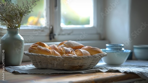  A vase of flowers sits beside a basket of croissants on a table © Anna