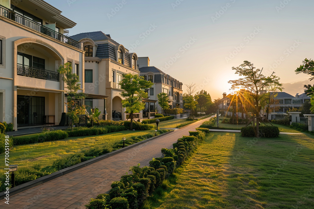 Golden hour highlighting architectural details and landscaped lawns in an upscale housing estate. /