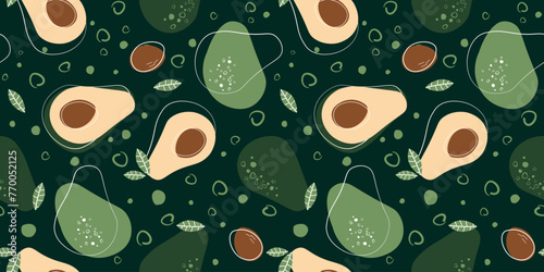 Seamless pattern with abstract avocado fruits, halves, seeds. Print with healthy nature food. Vector graphics. photo
