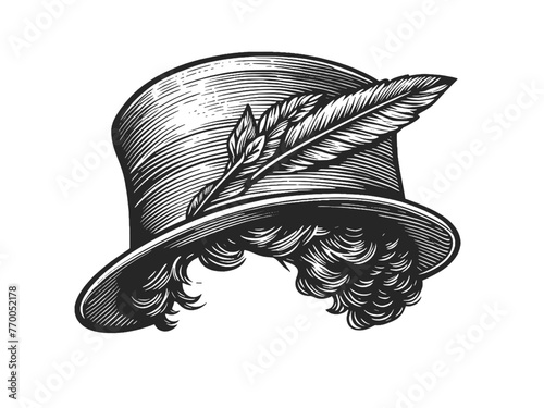 hat with a decorative feather and detailed curly hair sketch engraving generative ai fictional character vector illustration. Scratch board imitation. Black and white image.