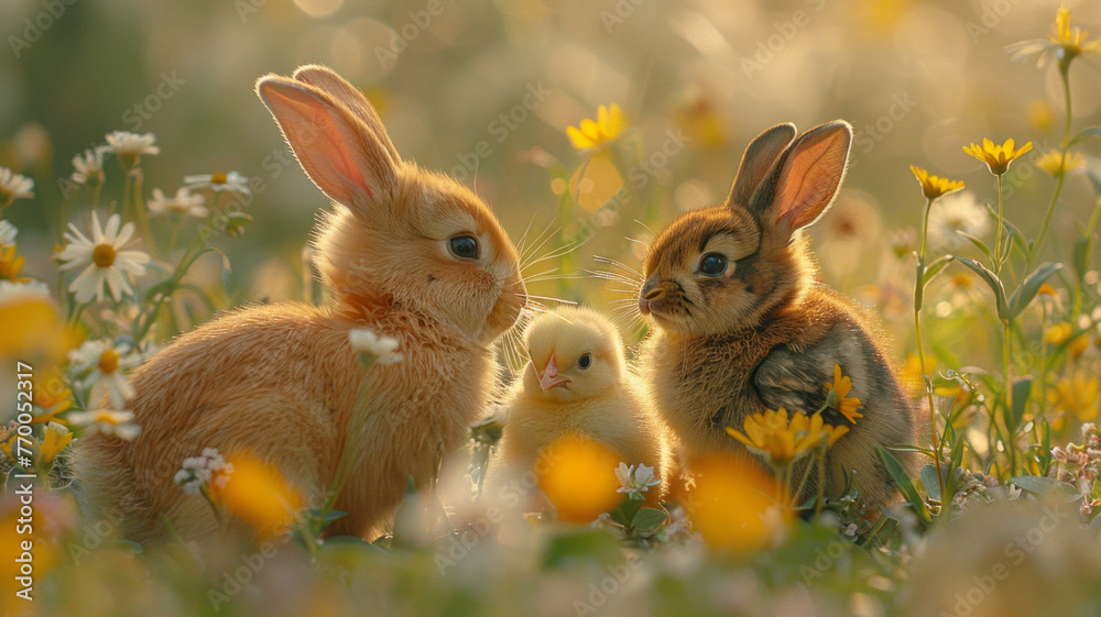 two Easter bunnies playing with yellow baby chickens, in a sunny spring garden with flowers and colourful Easter eggs,generative ai two Easter bunnies playing with yellow baby chickens, in a sunny spring garden with flowers and colourful Easter eggs,generative ai