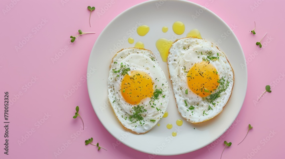 Two slices of bread topped with eggs, cream cheese, and chives on a white plate Two slices of bread topped with eggs, cream cheese, and chives on a white plate