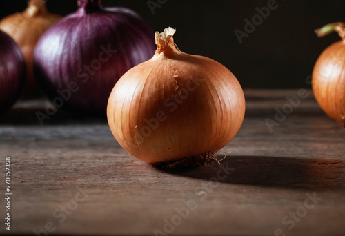 Onion on Wooden Table. Onion on Wooden Table. An onion sits prominently on top of a sturdy wooden table.