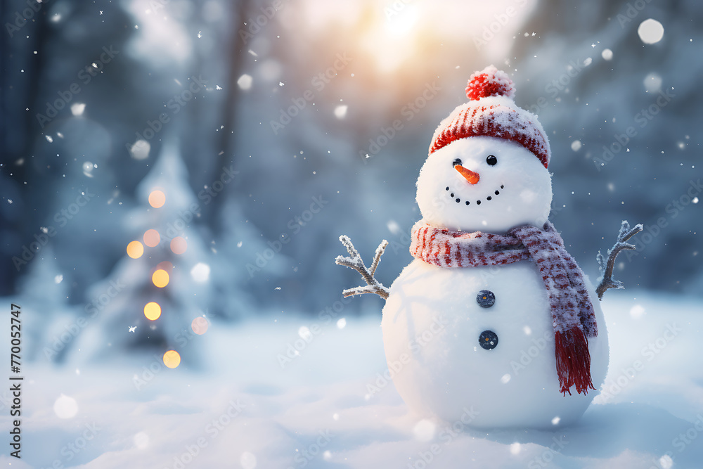 Charming snowman adorned with a hat and scarf, greeting a serene winter day, amidst a softly lit snowy landscape Charming snowman adorned with a hat and scarf, greeting a serene winter day, amidst a softly lit snowy landscape