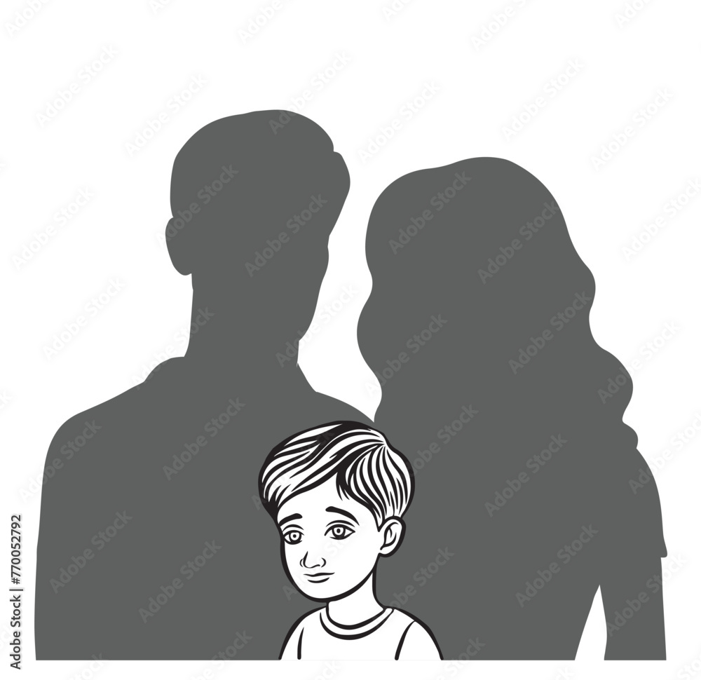 Sad and abandoned boy with the figures of his parents behind him represented by a shadow. Isolated on transparent background