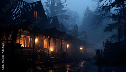 Mountain village in a foggy winter night. Wooden houses in the foreground.