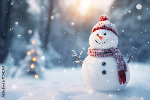 Charming snowman adorned with a hat and scarf, greeting a serene winter day, amidst a softly lit snowy landscape