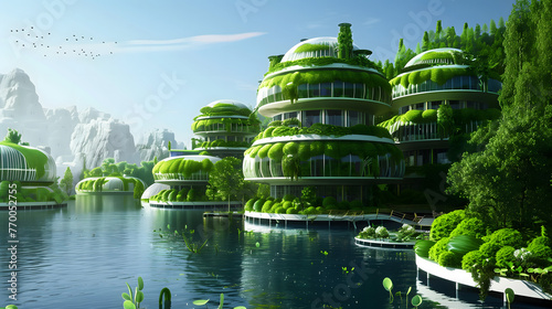 A futuristic cityscape with buildings covered in lush greenery, surrounded by water and wildlife, representing sustainable living #770052755
