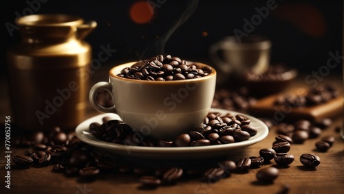 Delicious coffee beans and cup