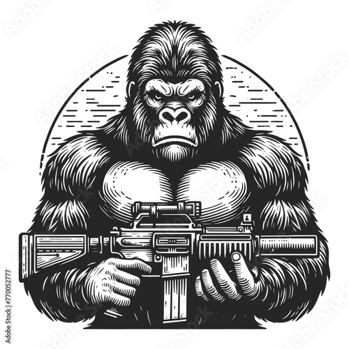 gorilla gripping a weapon rifle, in black and white sketch engraving generative ai fictional character vector illustration. Scratch board imitation. Black and white image.