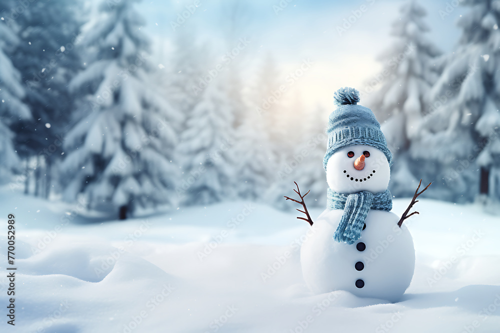 Fototapeta premium Charming snowman adorned with a hat and scarf, greeting a serene winter day, amidst a softly lit snowy landscape