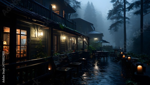 Japanese restaurant in a foggy night. Panoramic view.