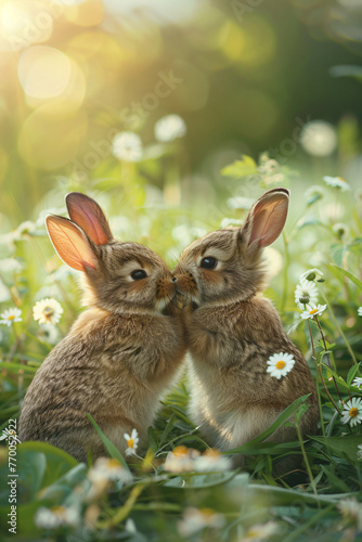 Two little rabbits kissing on spring field with wildflowers and green grass. Cute couple of bunnies, adorable animals. Easter, Valentine and Mother day. Love, romantic and family care concept