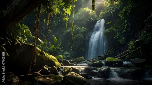 Panoramic view of a waterfall in tropical rainforest. Panorama