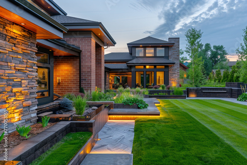 Illuminated by dusk's soft light, a contemporary home exterior boasts green grass, brick, and stacked stone, with detailed landscaping, radiating a warm and welcoming feel. © M Arif