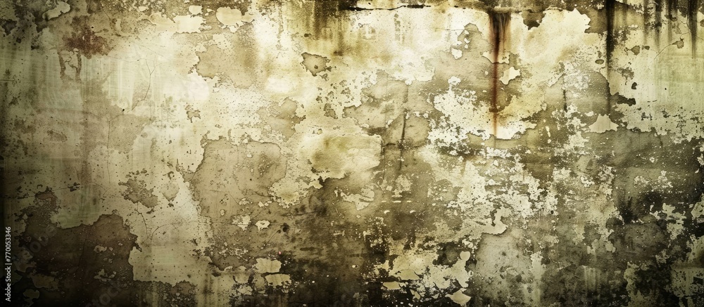 Fototapeta premium A detailed shot of a grimy surface with chipped paint, revealing layers of history and wear. The texture resembles a natural landscape with grass and terrestrial plantlike patterns