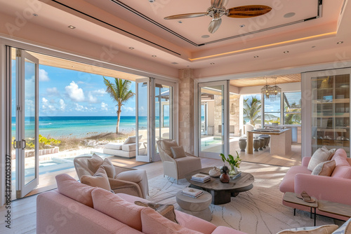 In soft pink hues, a luxury house blends open-concept living with high-end furnishings and bi-fold doors opening to a serene beachfront.