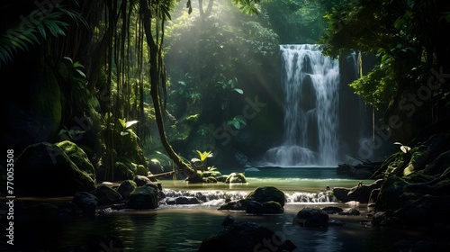 Panoramic view of a waterfall in a tropical rainforest.