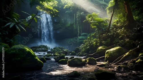 Panorama of beautiful waterfall in deep tropical rainforest. Nature background
