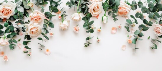 Arrangement of flowers with roses and eucalyptus branches on a white backdrop. Flat lay design with a top-down view and space for text.