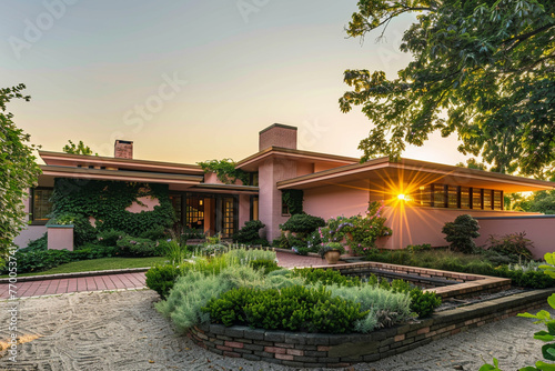 In the golden hour before sunset, a contemporary house painted in soft pastel pink shines. Greenery, brick, stone, and precise landscaping contribute to the warm and inviting environment.