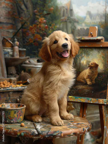 an artist's baby golden retriever dog painting a large portrait of Baby cat ,generative ai