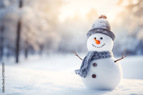 Charming snowman adorned with a hat and scarf, greeting a serene winter day, amidst a softly lit snowy landscape