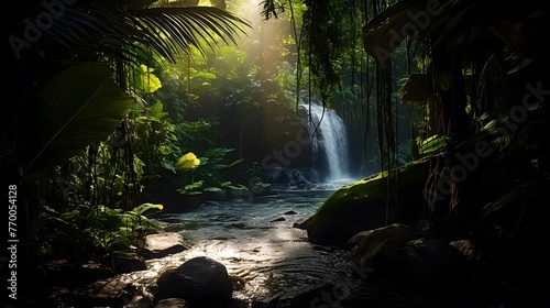 Beautiful waterfall in the rain forest. Panoramic view.