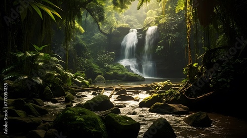 Beautiful tropical waterfall in deep rainforest. Panoramic view