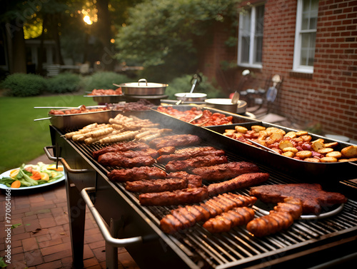 Barbeque with grilled meat. sausages and vegetables on grill