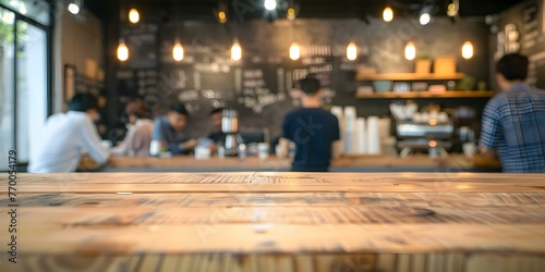 Blurred background of people in a coffee shop with an empty wooden table for product display. Concept Blurred Background, Coffee Shop, Product Display, Empty Table, Lifestyle Shot