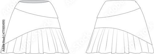 A- silhouette 3 layer, fluffy, lush, voluminous, asymmetrical skirt with a side zipper. Vector file. Technical drawing. On body.