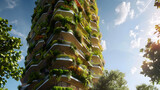 A tall, slender building with balconies that have lush greenery and flowers growing on them. The facade is made of wood or other ecofriendly materials